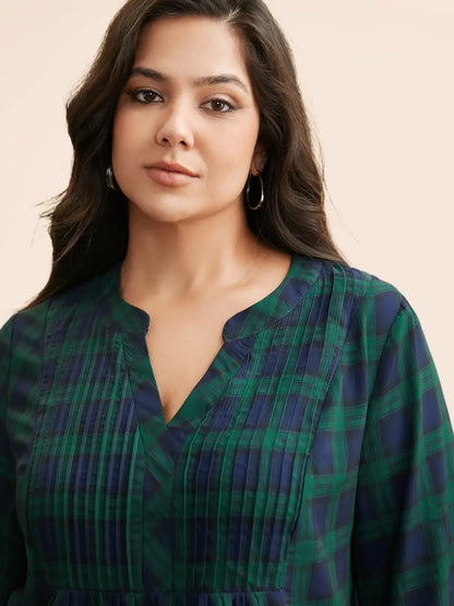 Notched Plaid Ruffles Pleated Blouse