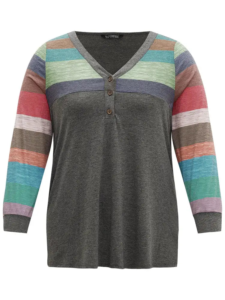 Colorblock Contrast V Neck Button Up T-Shirt