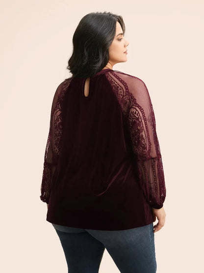 Lace Patchwork Velvet Raglan Sleeve Blouse