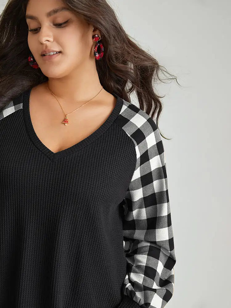 Waffle Knit Plaid Patchwork Raglan Sleeve T-Shirt