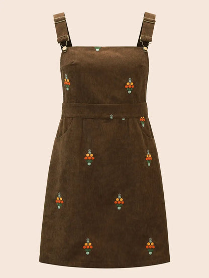 Floral Embroidered Corduroy Overall Dress