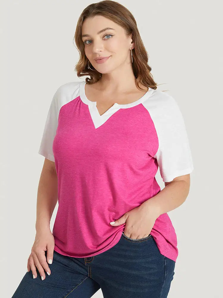 Colorblock Contrast Notched Raglan Sleeve T-shirt