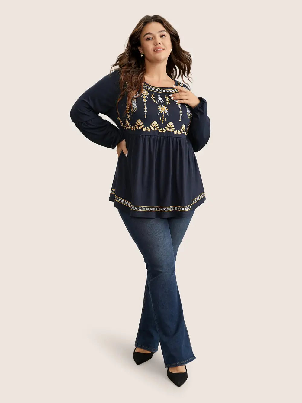 Bandana Embroidered Round Neck Lantern Sleeve T-Shirt