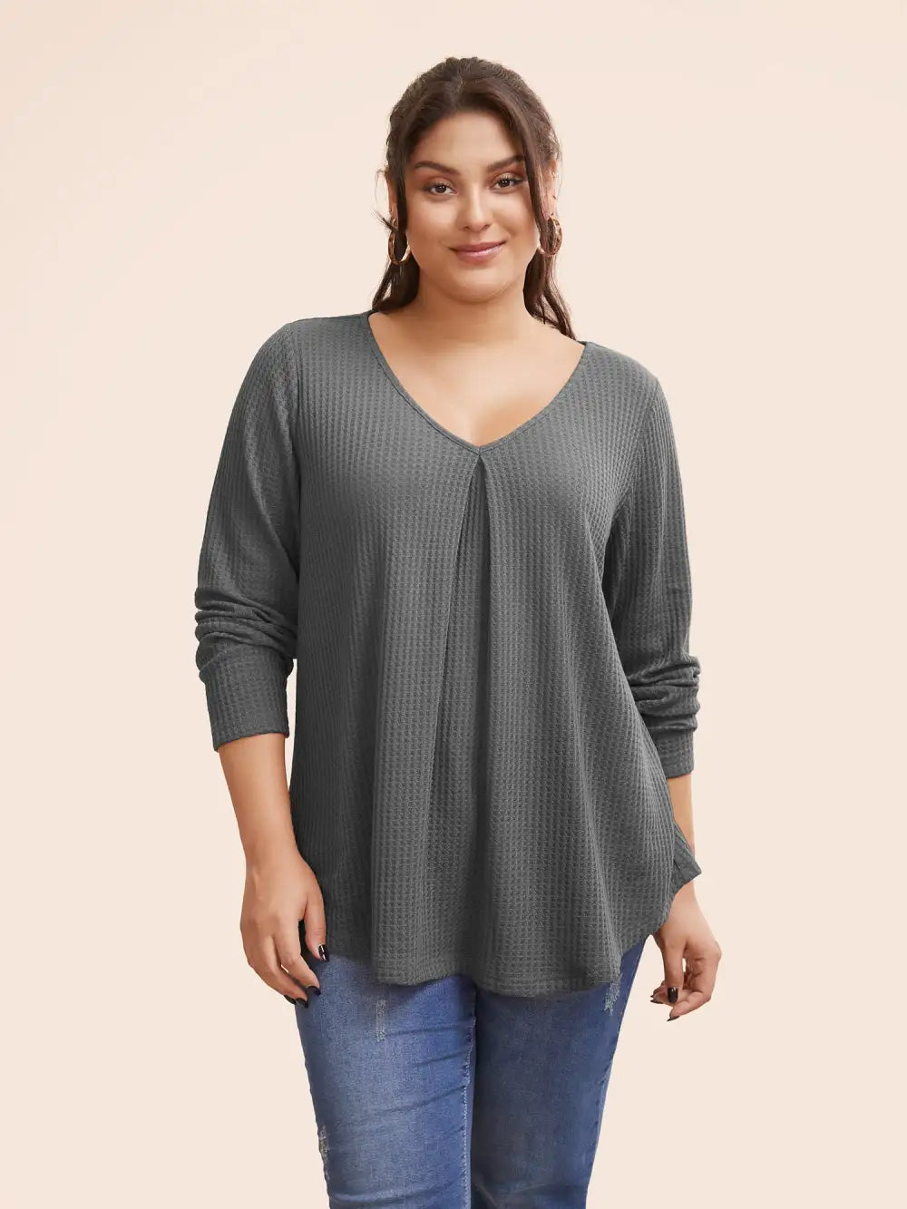 Plain Waffle Knit Scoop Neck Plicated Detail T-Shirt