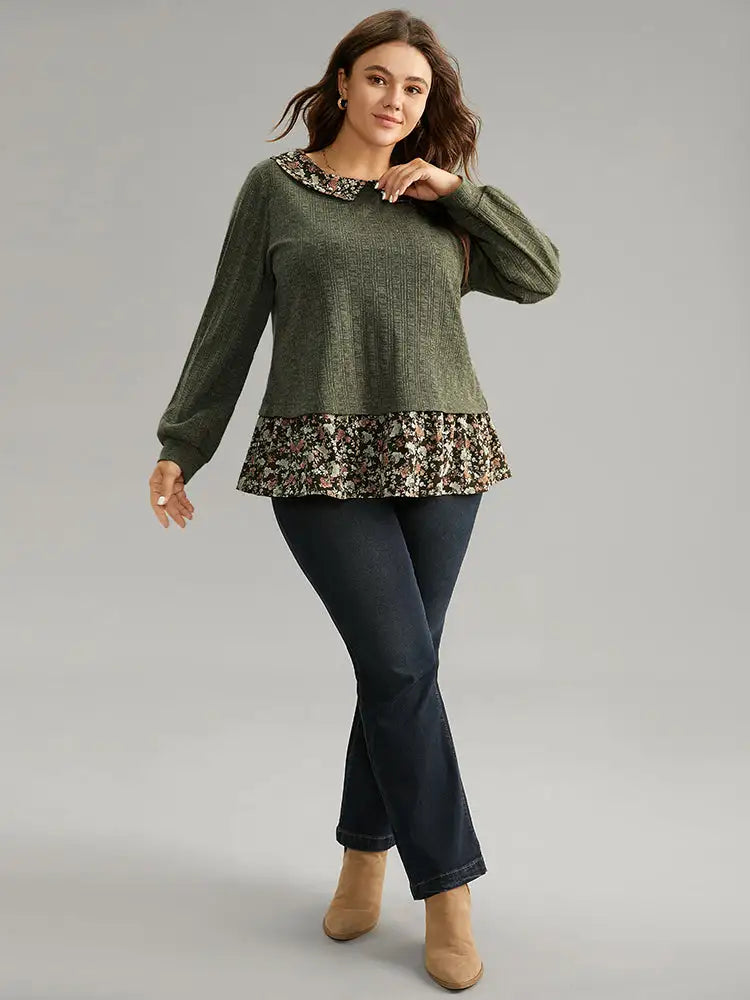 Ditsy Floral Patchwork Button Detail Lapel Collar T-Shirt
