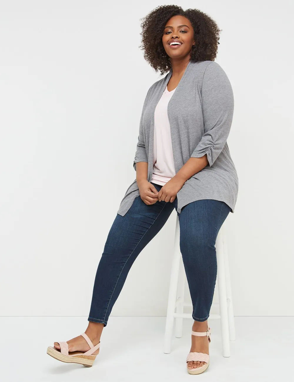 Classic 3/4 Ruched-Sleeve Open-Front Overpiece