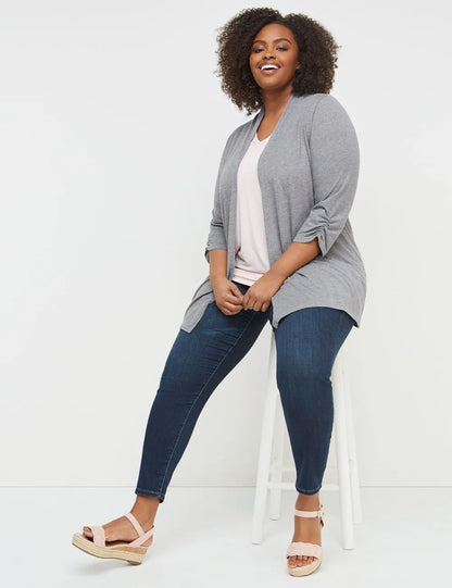 Classic 3/4 Ruched-Sleeve Open-Front Overpiece
