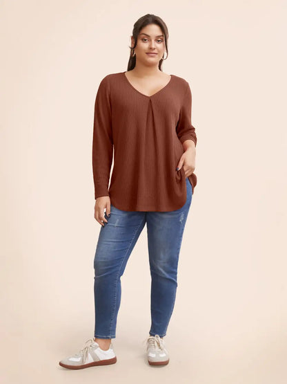 Plain Waffle Knit Scoop Neck Plicated Detail T-Shirt