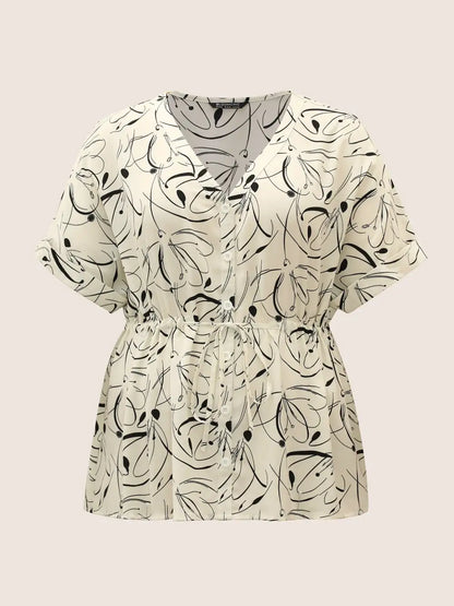 Geometric Print Drawstring Cuffed Sleeve Blouse