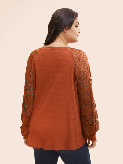Plain Lace Panel Round Neck Raglan Sleeve T-Shirt
