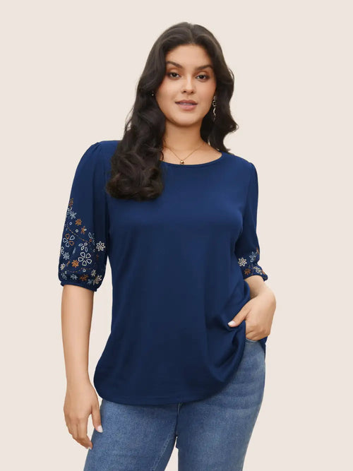 Floral Embroidered Crew Neck Puff Sleeve T-Shirt