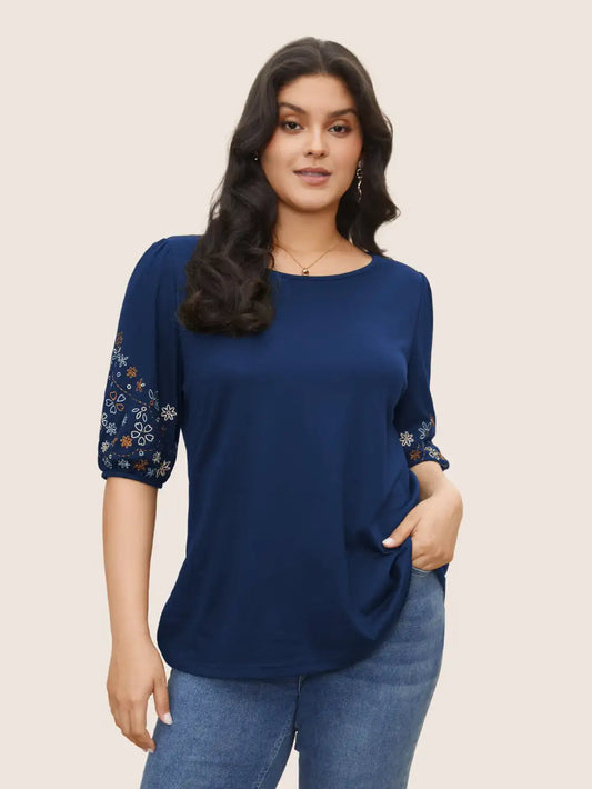 Floral Embroidered Crew Neck Puff Sleeve T-Shirt