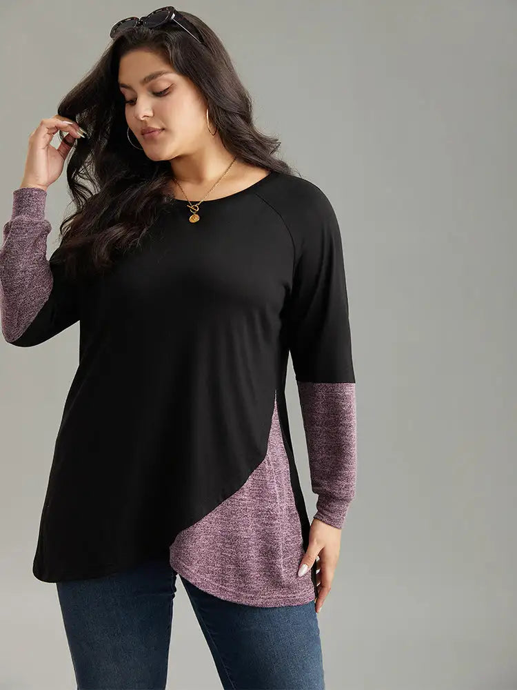 Two Tone Patchwork Heather Arc Hem T-Shirt