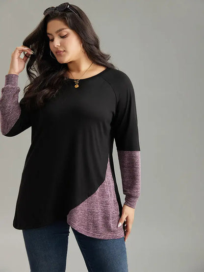 Two Tone Patchwork Heather Arc Hem T-Shirt