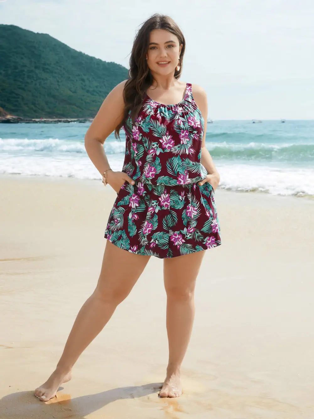 Tropical Flower Print Pockets One-Piece Swimsuit