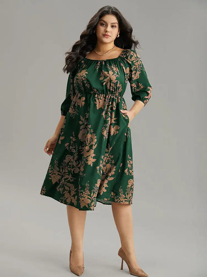 Silhouette Floral Print Elastic Cuffs Dress