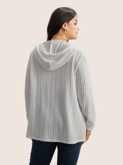 Plain Textured Zipper Hooded Sweatshirt
