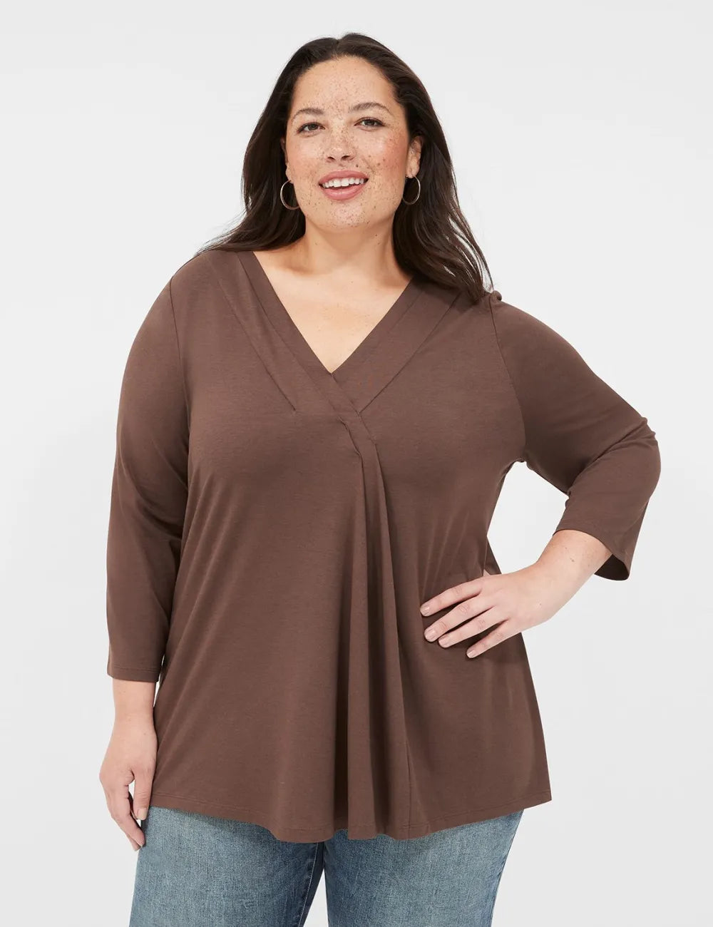 Swing 3/4-Sleeve Pleat-Front Top