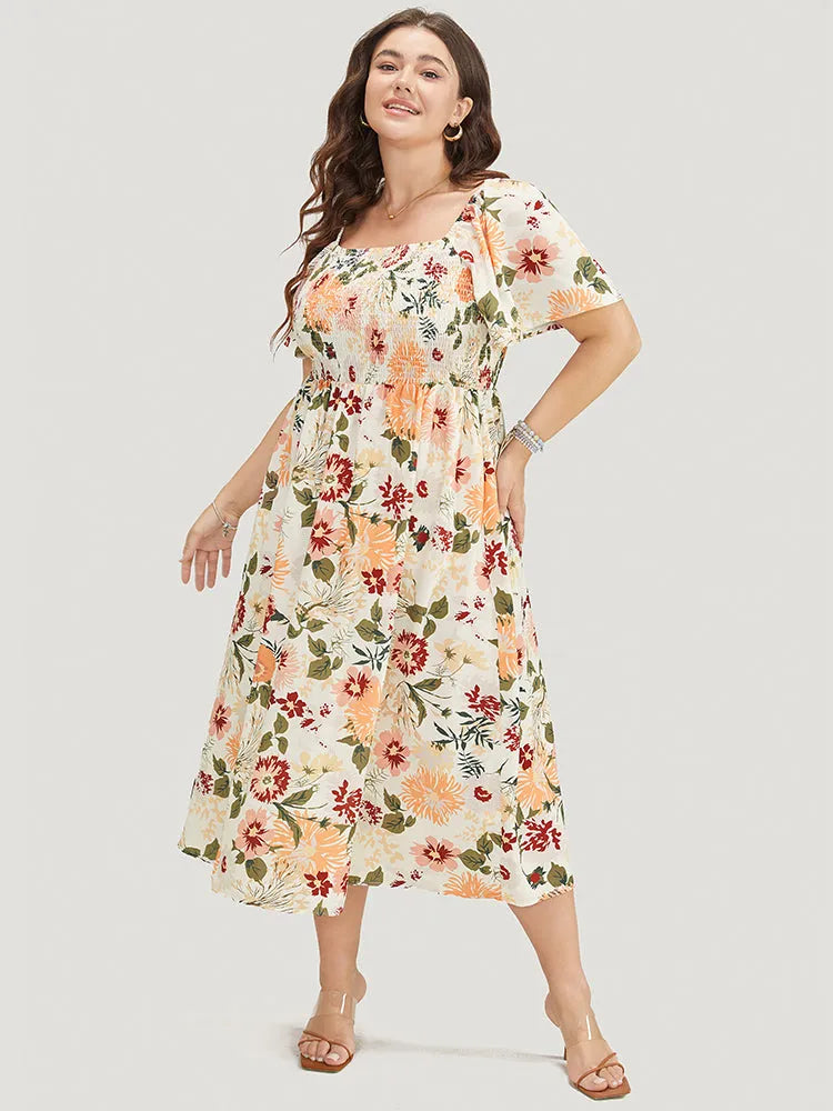 Floral Backless Shirred Square Neck Pocket Ruffle Hem Dress