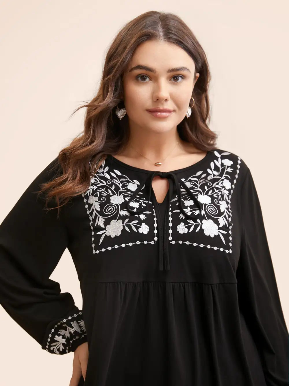 Floral Embroidered Knot Neck Lantern Sleeve T-Shirt
