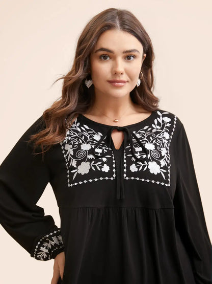 Floral Embroidered Knot Neck Lantern Sleeve T-Shirt