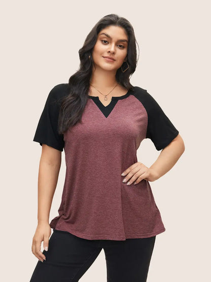 Colorblock Contrast Notched Raglan Sleeve T-Shirt