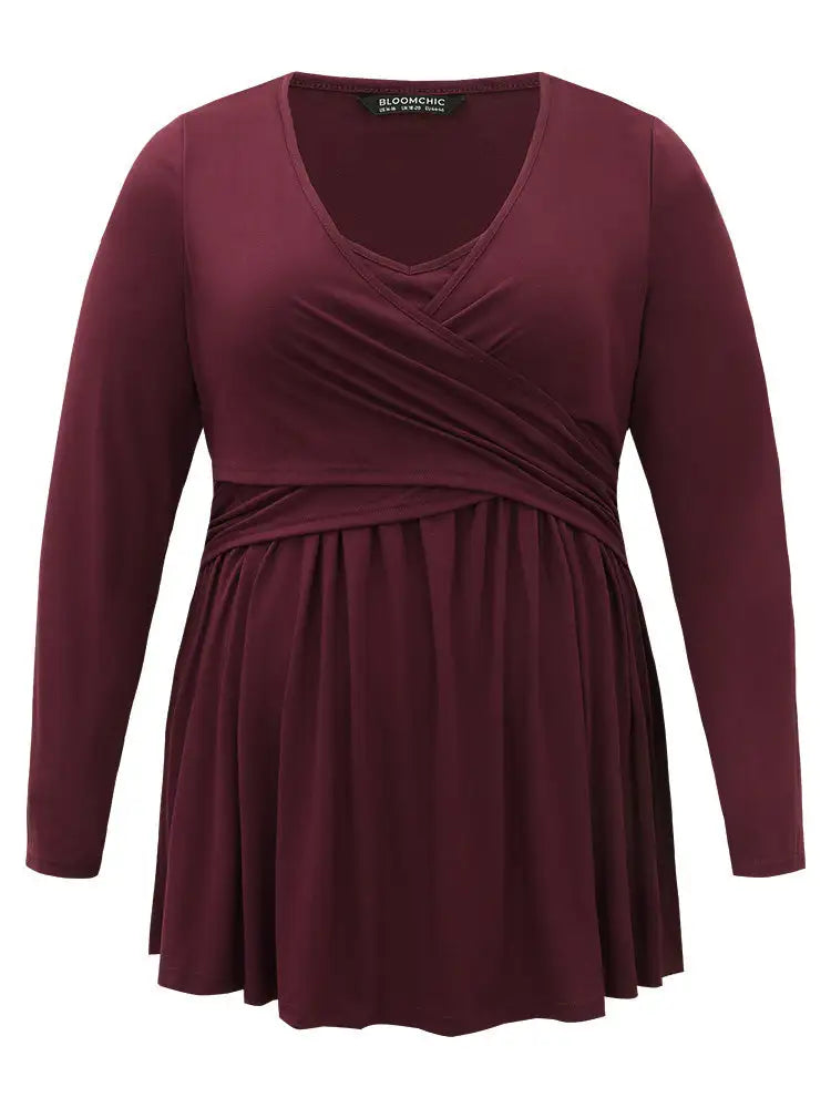 Solid Crossover V Neck Ruffle Hem T-Shirt