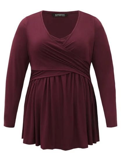 Solid Crossover V Neck Ruffle Hem T-Shirt