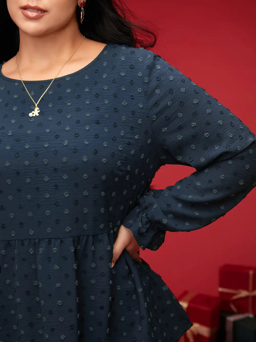 Textured Dot Elastic Cuffs A-Line Blouse