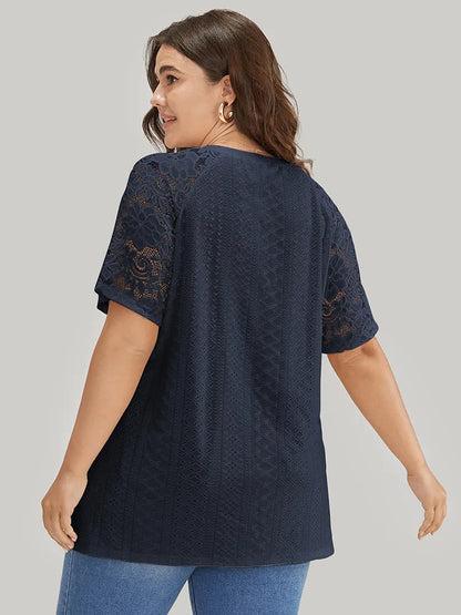 Solid Broderie Anglaise Lace Raglan Sleeve T-shirt
