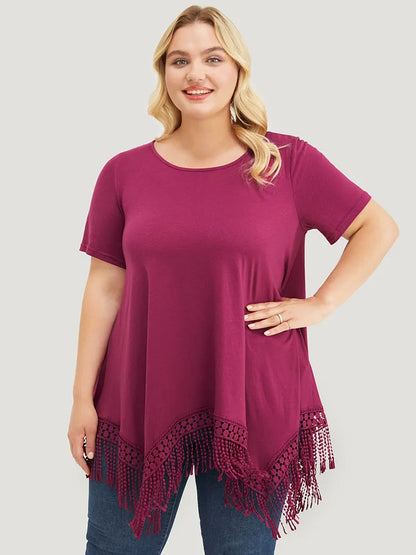 Solid Round Neck Lace Fringe Hem T-shirt