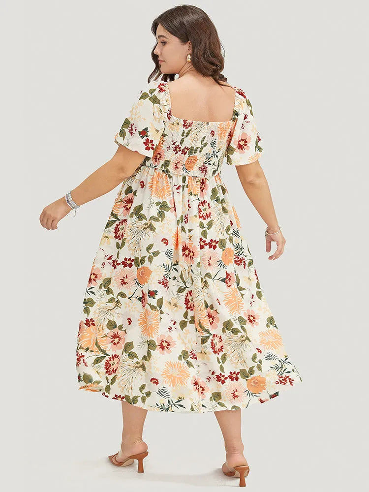Floral Backless Shirred Square Neck Pocket Ruffle Hem Dress