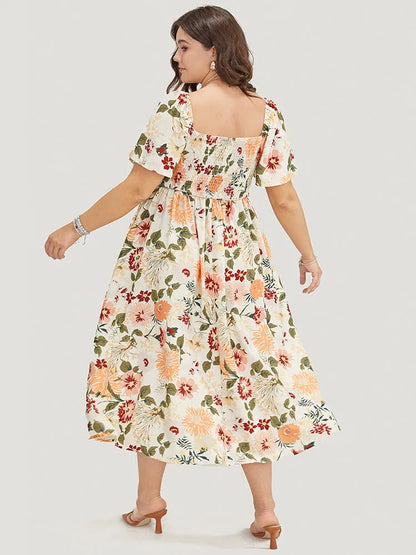 Floral Backless Shirred Square Neck Pocket Ruffle Hem Dress