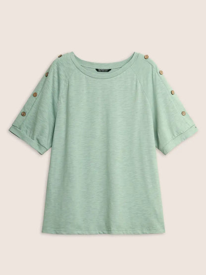 Plain Button Detail Raglan Sleeve T-Shirt