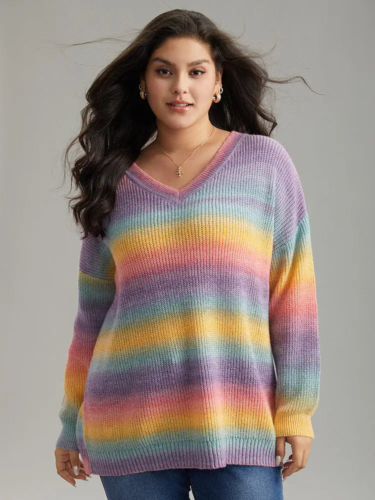 Rainbow Ombre V Neck Loose Pullover