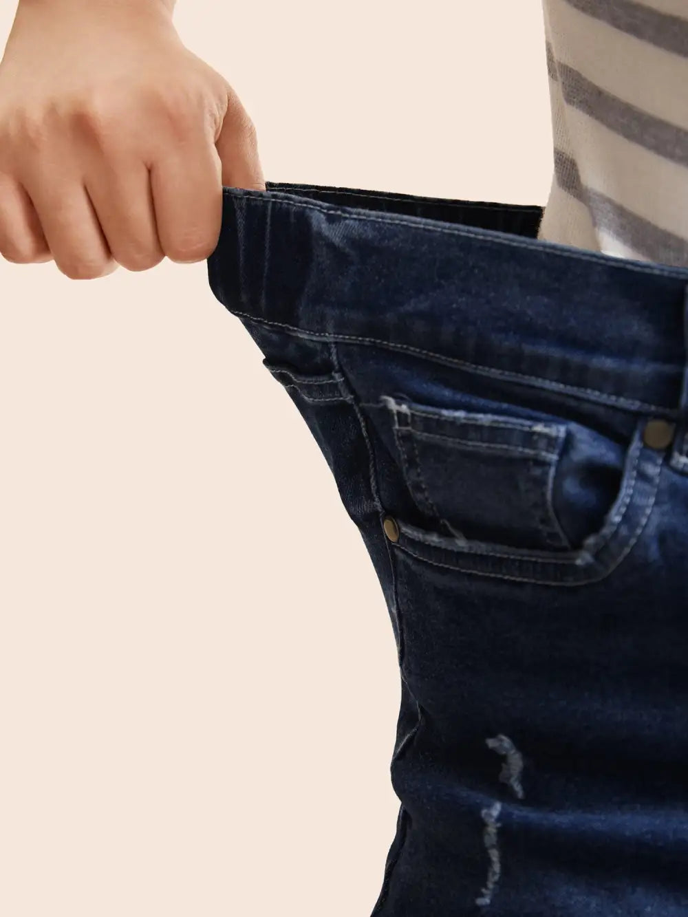Folded Hem Rip Back Elastic Waist Jeans