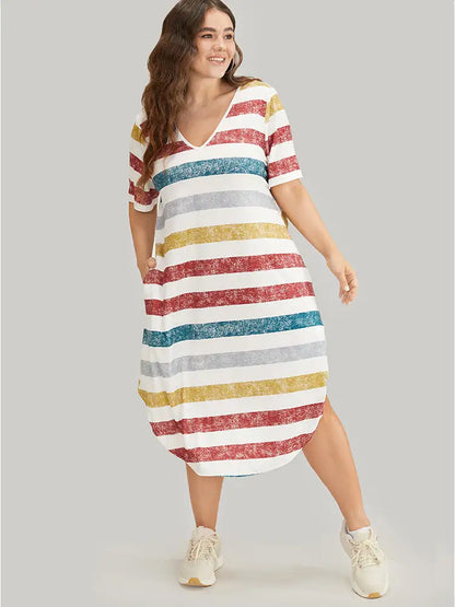 Striped Contrast Arc Hem V Neck Pocket Dress