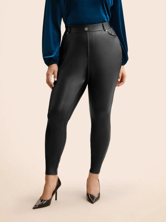 Pu Leather Button Detail Mid Rise Pants