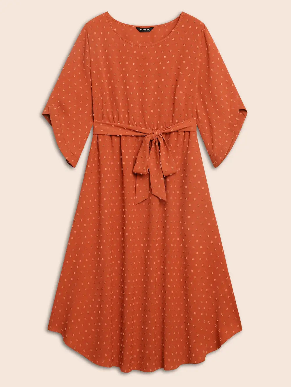 Textured Bell Sleeve Belted Arc Hem Dress