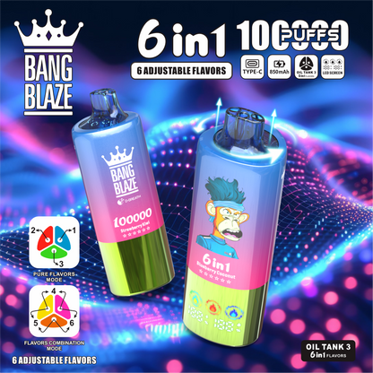 Bang Blaze 100000 100K Puffs 6 in 1 Flavors Newest Original Rechargeable LED Display Disposable Vape
