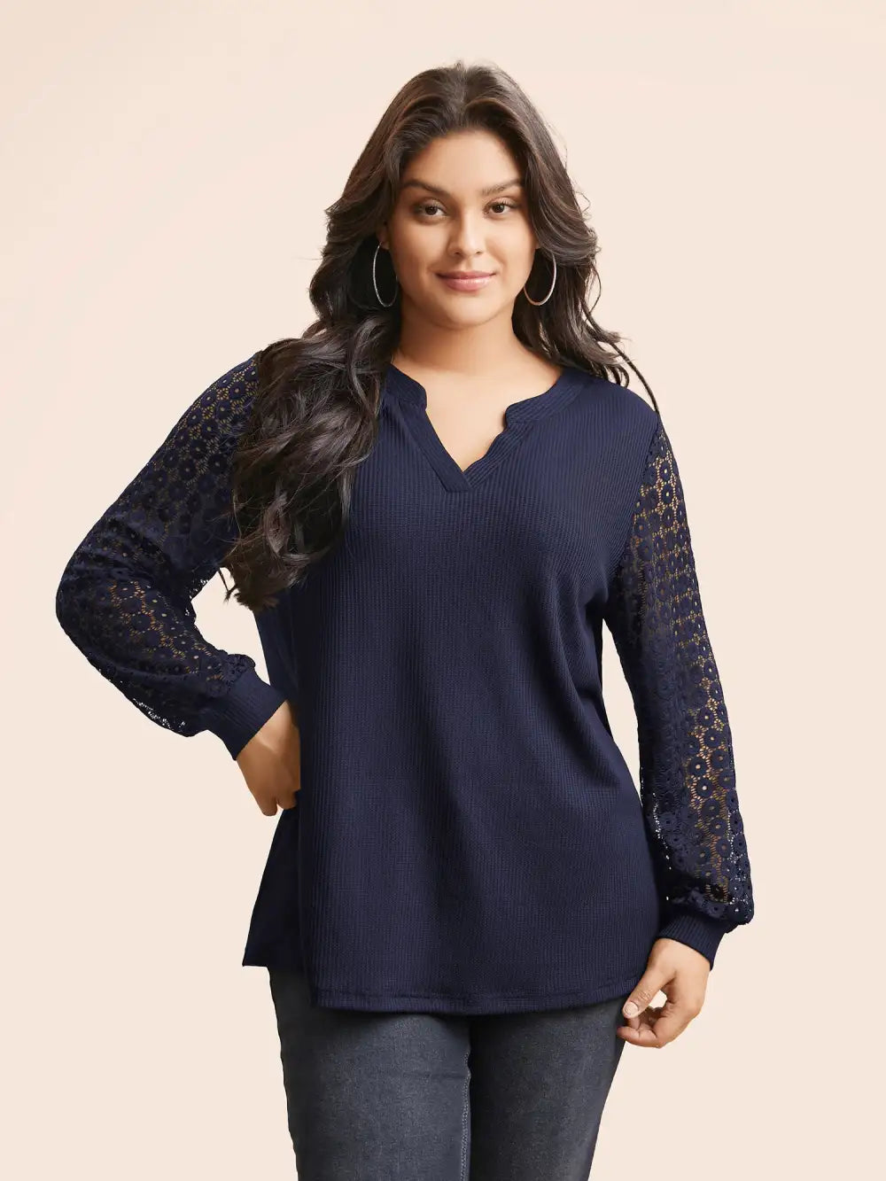 Notched Crochet Lace Mesh T-Shirt