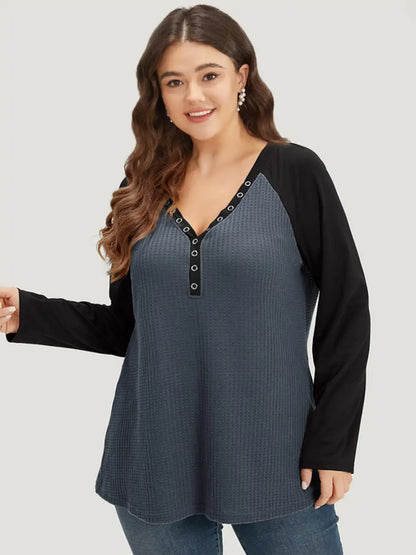 Waffle Knit Raglan Sleeve Metal Buckle Detail T-Shirt