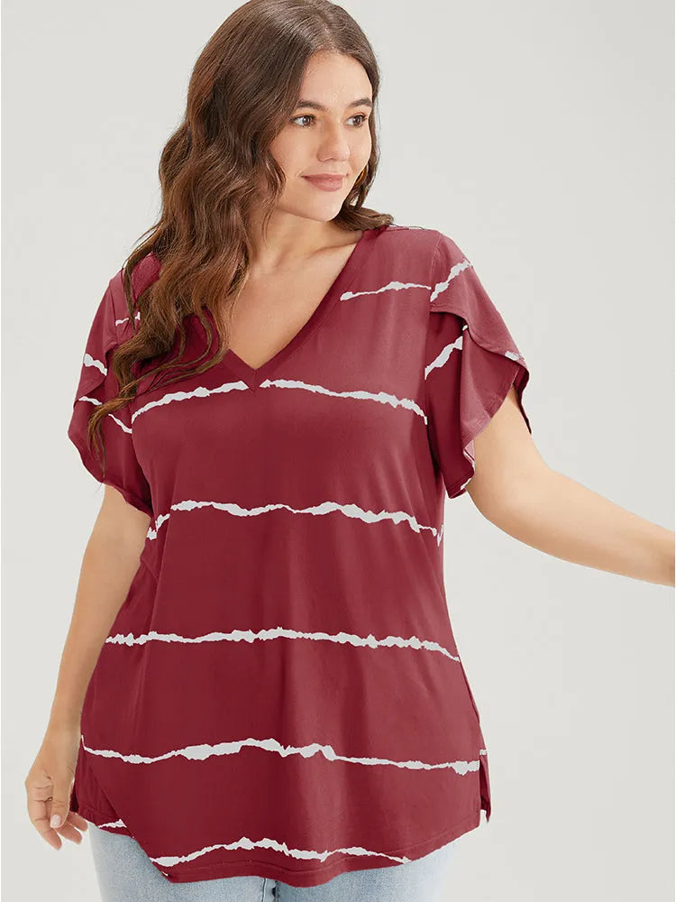 Striped Contrast Petal Sleeve T-shirt