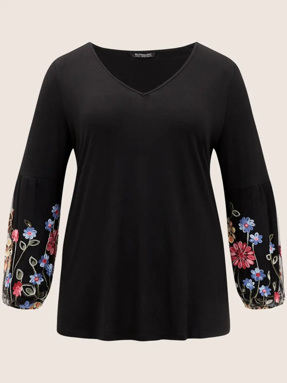 Floral Embroidered Lantern Sleeve T-Shirt