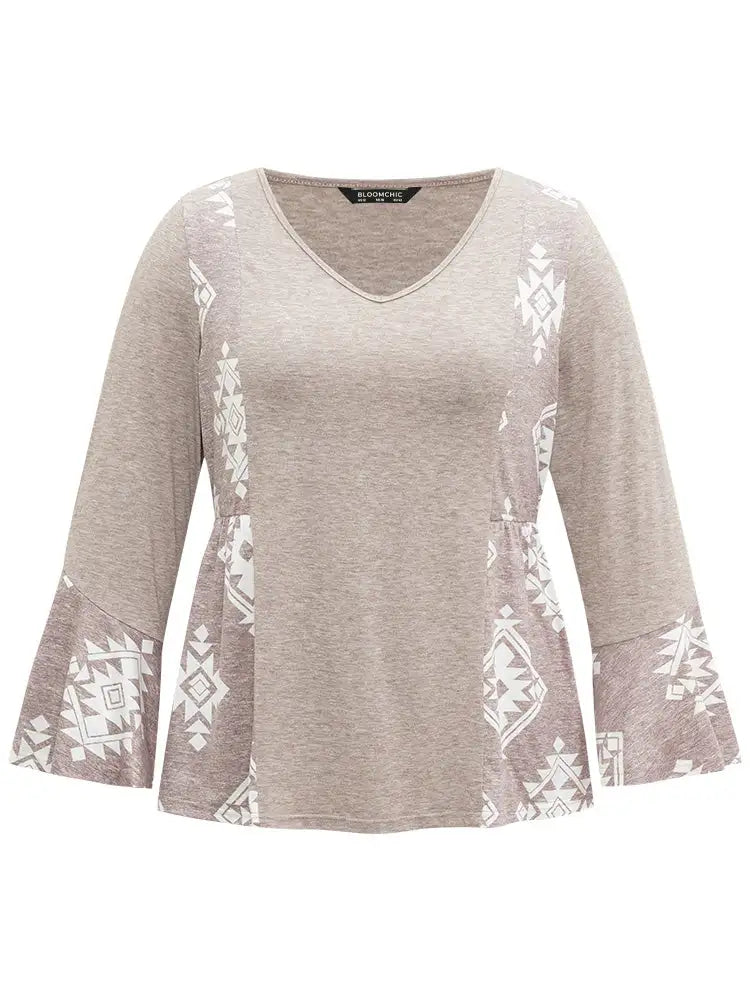 Floral Print Bell Sleeve V Neck T-Shirt