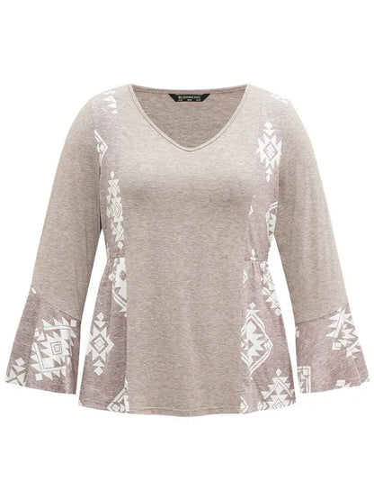 Floral Print Bell Sleeve V Neck T-Shirt