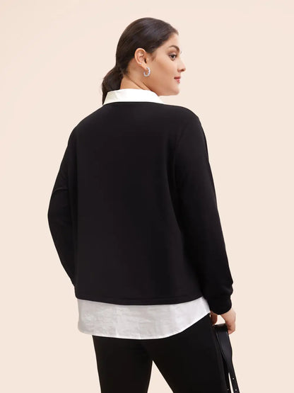 2-In-1 Shirt Collar Contrast Patchwork Sweatshirt