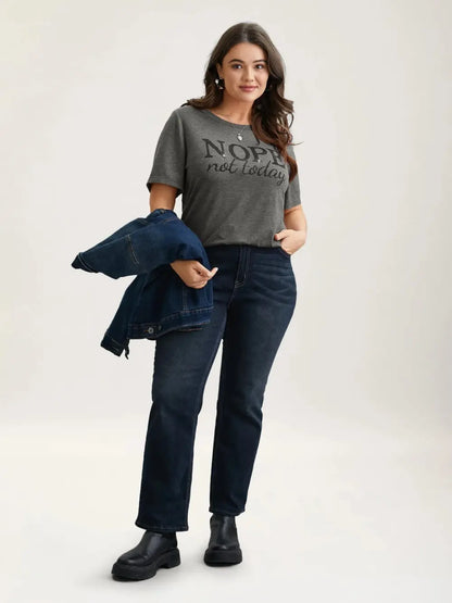 Nope Not Today Print Rhinestone Round Neck T-Shirt