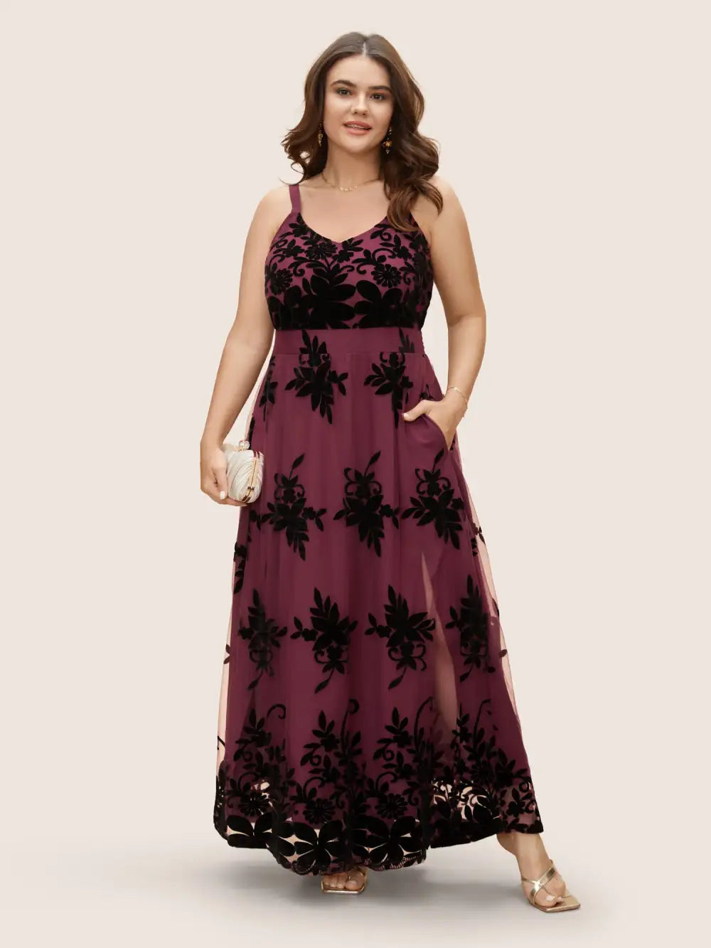 Floral Flocked Tulle Split Hem Dress