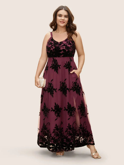 Floral Flocked Tulle Split Hem Dress